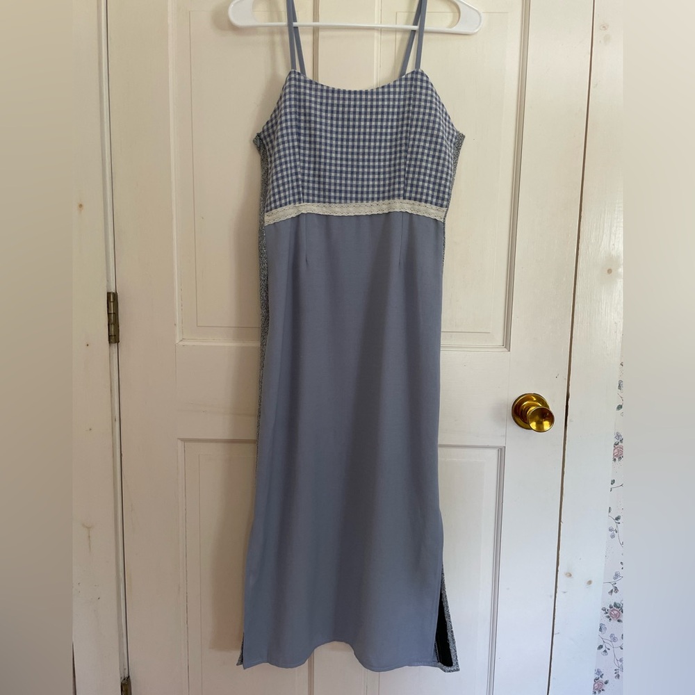 Blue/Purple Gingham Panel MIDI Dress with Lace Trim
